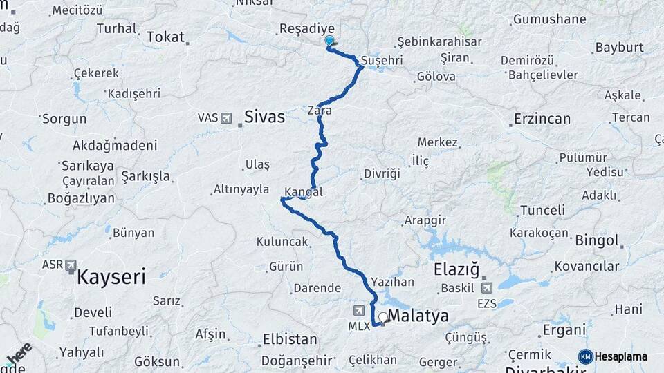 Sivas Koyulhisar Malatya Arası Kaç Km - Yol Haritası