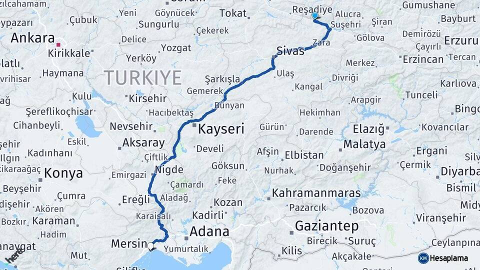 Sivas Koyulhisar Mersin Arası Kaç Km - Yol Haritası