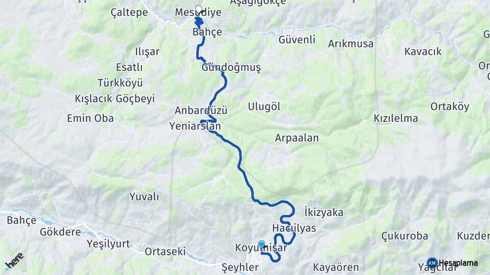 Sivas Koyulhisar Mesudiye Ordu Arası Kaç Km - Yol Haritası