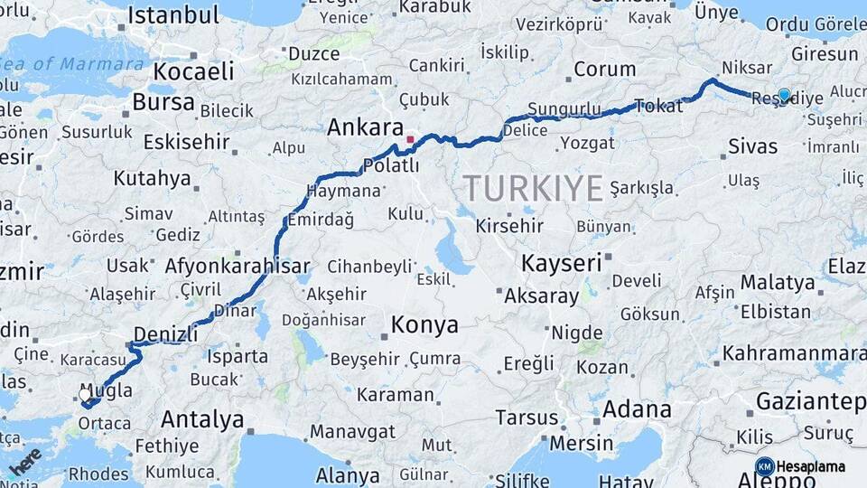 Sivas Koyulhisar Muğla Arası Kaç Km - Yol Haritası