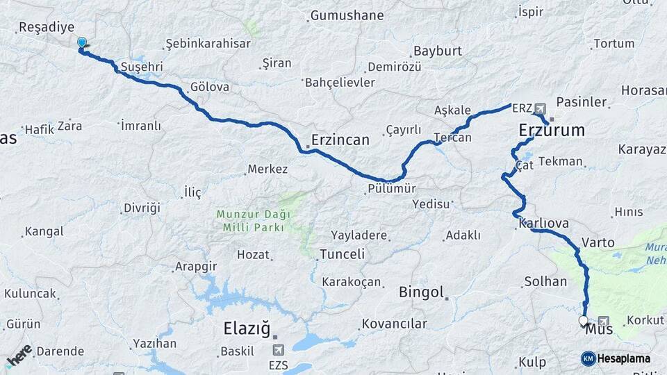 Sivas Koyulhisar Muş Arası Kaç Km - Yol Haritası