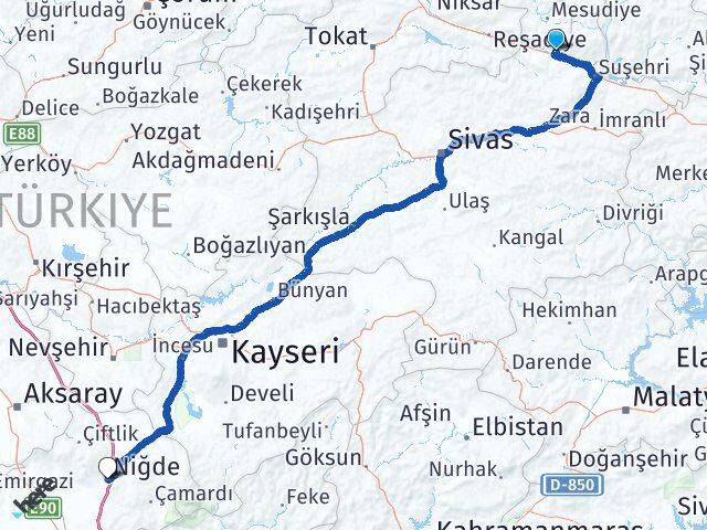 Sivas Koyulhisar Niğde Arası Kaç Km - Yol Haritası