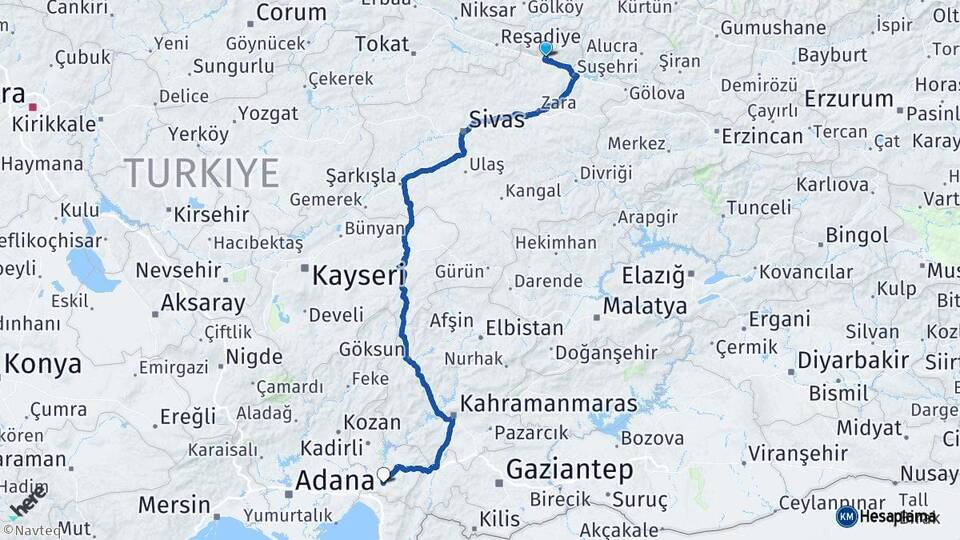 Sivas Koyulhisar Osmaniye Arası Kaç Km - Yol Haritası