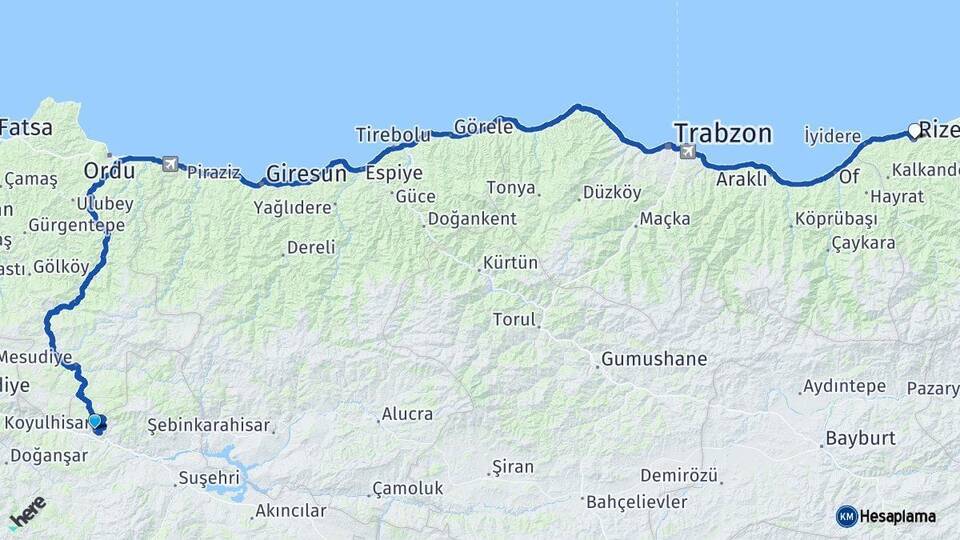Sivas Koyulhisar Rize Arası Kaç Km - Yol Haritası