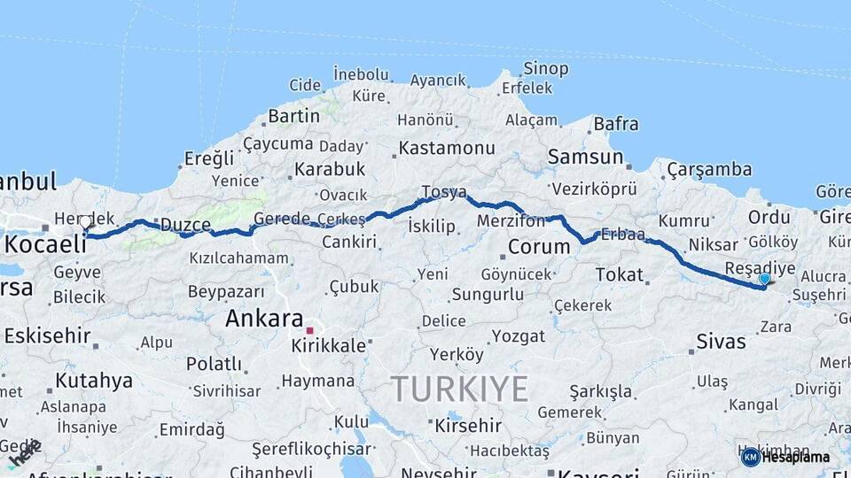Sivas Koyulhisar Sakarya Arası Kaç Km - Yol Haritası