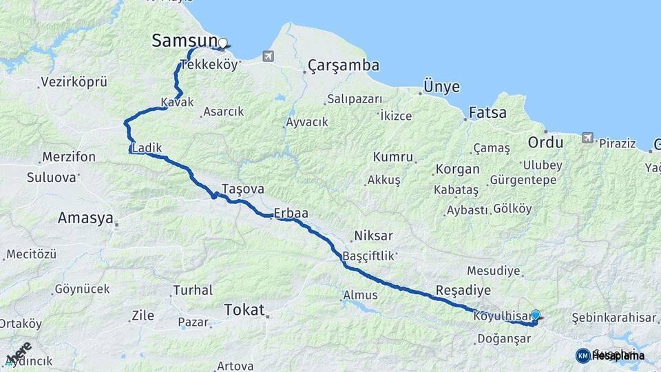 Sivas Koyulhisar Samsun Arası Kaç Km - Yol Haritası