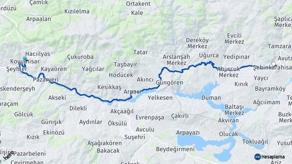 Sivas Koyulhisar Şebinkarahisar Giresun Arası Kaç Km - Yol Haritası