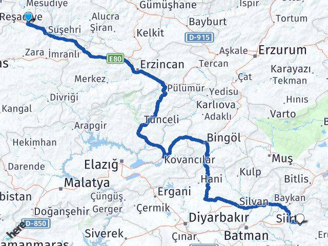 Sivas Koyulhisar Siirt Arası Kaç Km - Yol Haritası