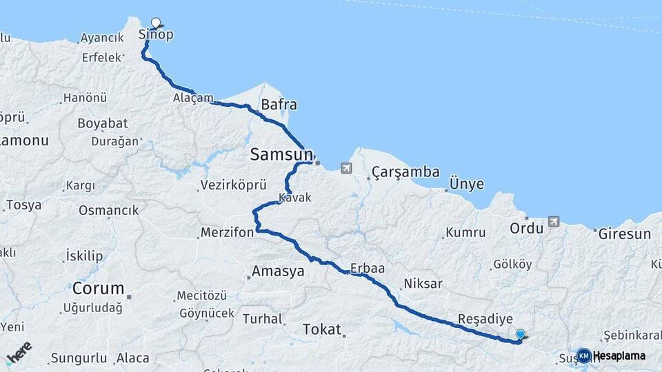 Sivas Koyulhisar Sinop Arası Kaç Km - Yol Haritası