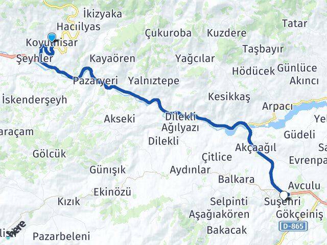 Sivas Koyulhisar Suşehri Arası Kaç Km - Yol Haritası