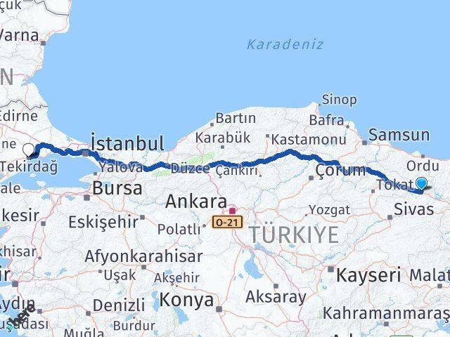 Sivas Koyulhisar Tekirdağ Arası Kaç Km - Yol Haritası