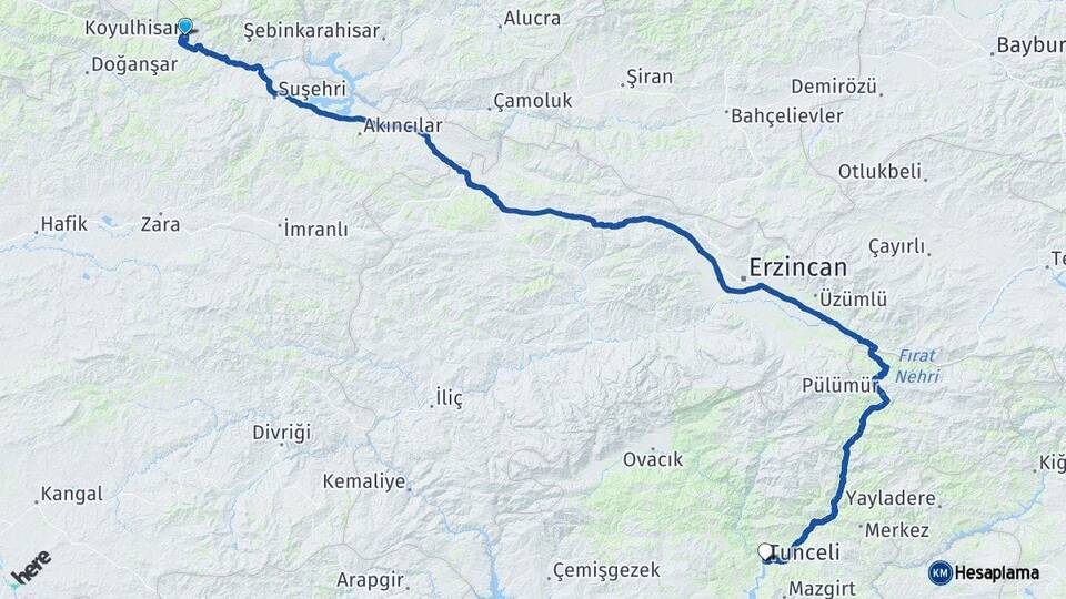 Sivas Koyulhisar Tunceli Arası Kaç Km - Yol Haritası