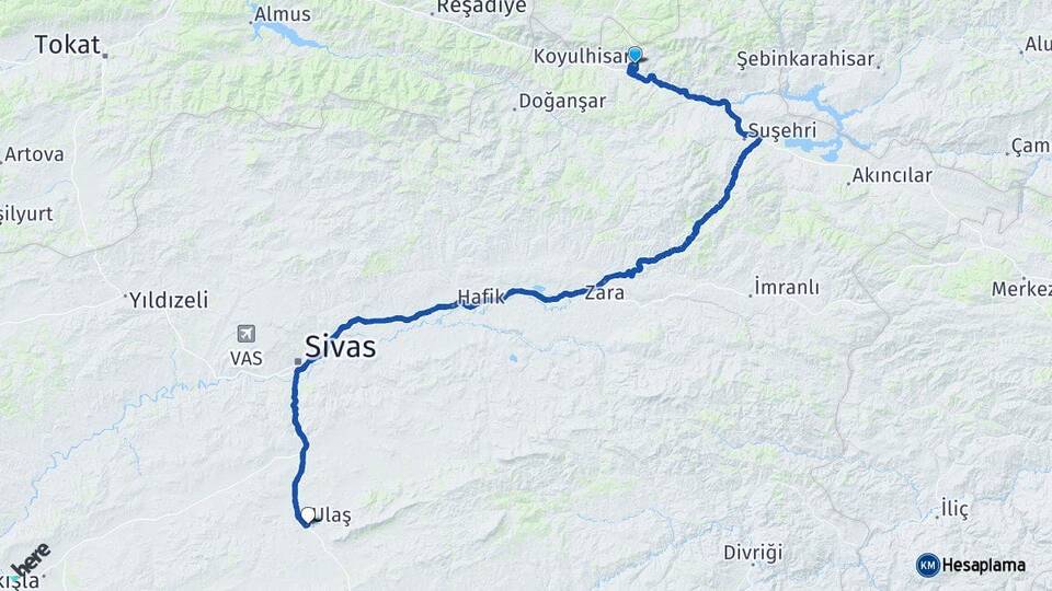 Sivas Koyulhisar Ulaş Arası Kaç Km - Yol Haritası