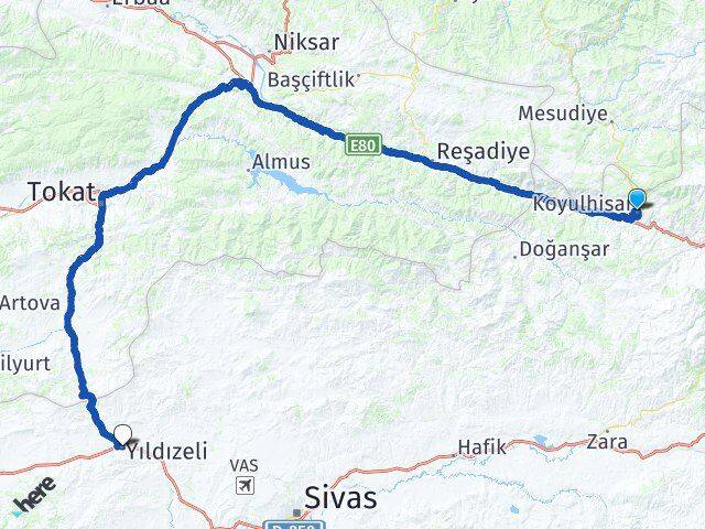 Sivas Koyulhisar Yıldızeli Arası Kaç Km - Yol Haritası