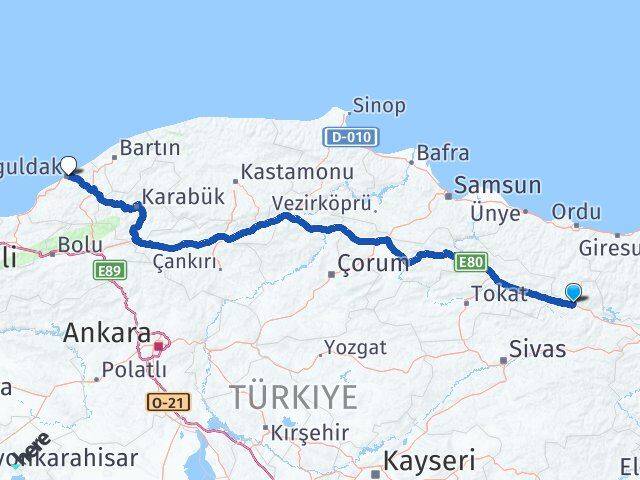 Sivas Koyulhisar Zonguldak Arası Kaç Km - Yol Haritası