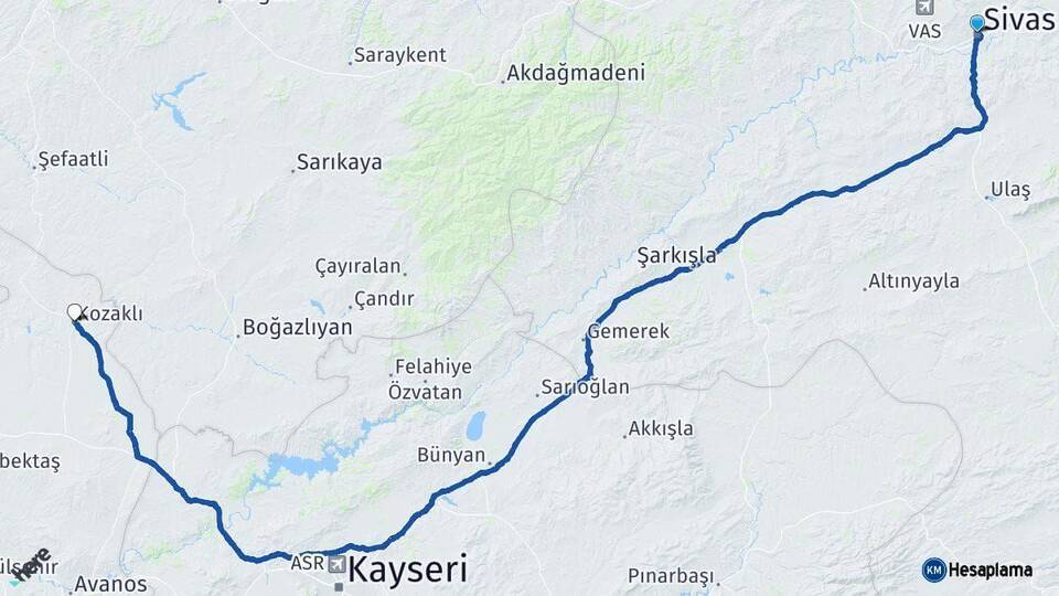 Sivas Kozaklı Nevşehir Arası Kaç Km - Yol Haritası