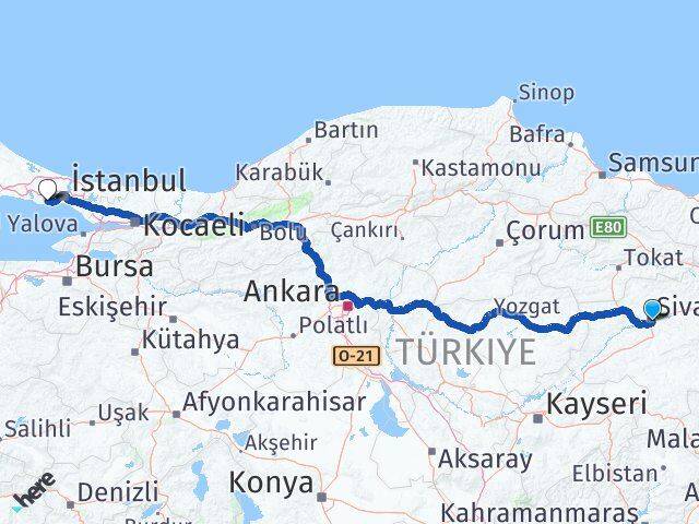 Sivas Küçükçekmece İstanbul Arası Kaç Km - Yol Haritası