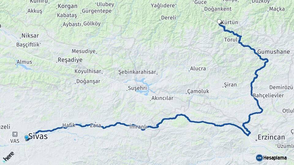 Sivas Kürtün Gümüşhane Arası Kaç Km - Yol Haritası