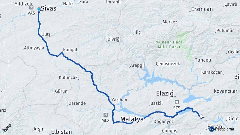 Sivas Maden Elazığ Arası Kaç Km - Yol Haritası