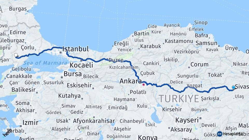 Sivas Malkara Tekirdağ Arası Kaç Km - Yol Haritası