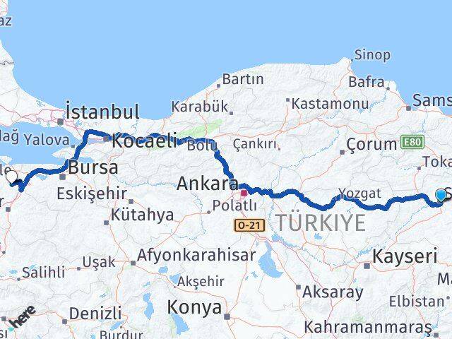 Sivas Manyas Balıkesir Arası Kaç Km - Yol Haritası