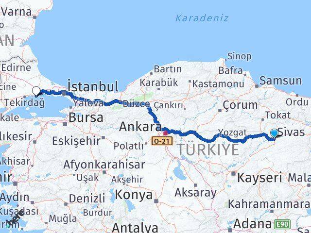 Sivas Marmaraereğlisi Tekirdağ Arası Kaç Km - Yol Haritası