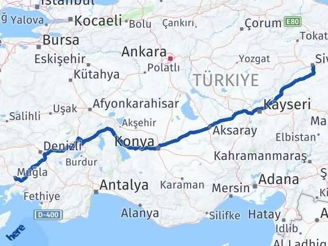 Sivas Menteşe Muğla Arası Kaç Km - Yol Haritası