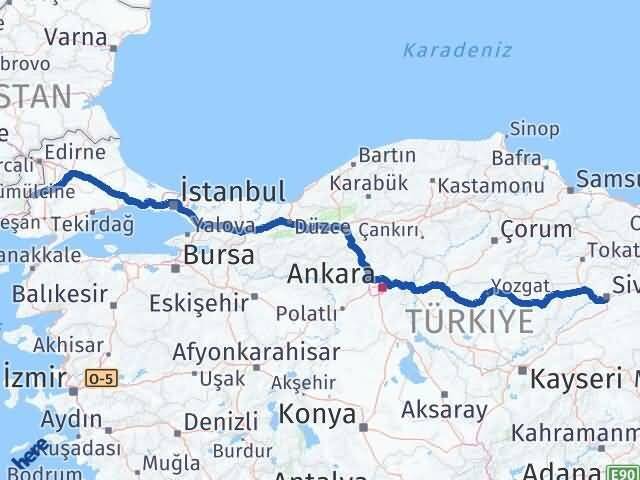 Sivas Meriç Edirne Arası Kaç Km - Yol Haritası