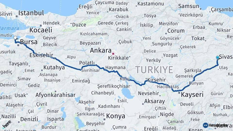 Sivas Mudanya Bursa Arası Kaç Km - Yol Haritası
