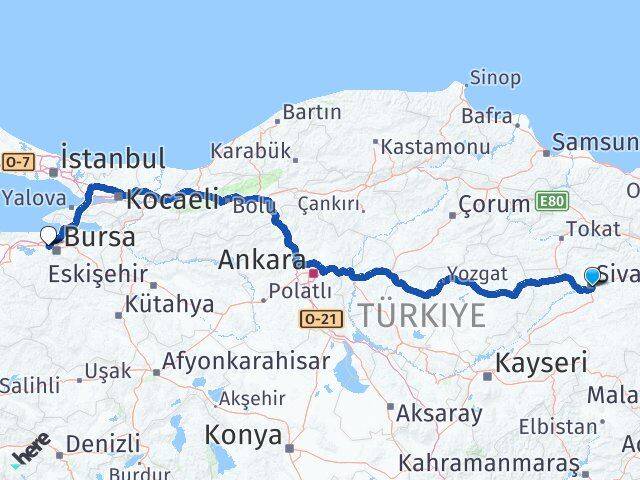 Sivas Nilüfer Bursa Arası Kaç Km - Yol Haritası