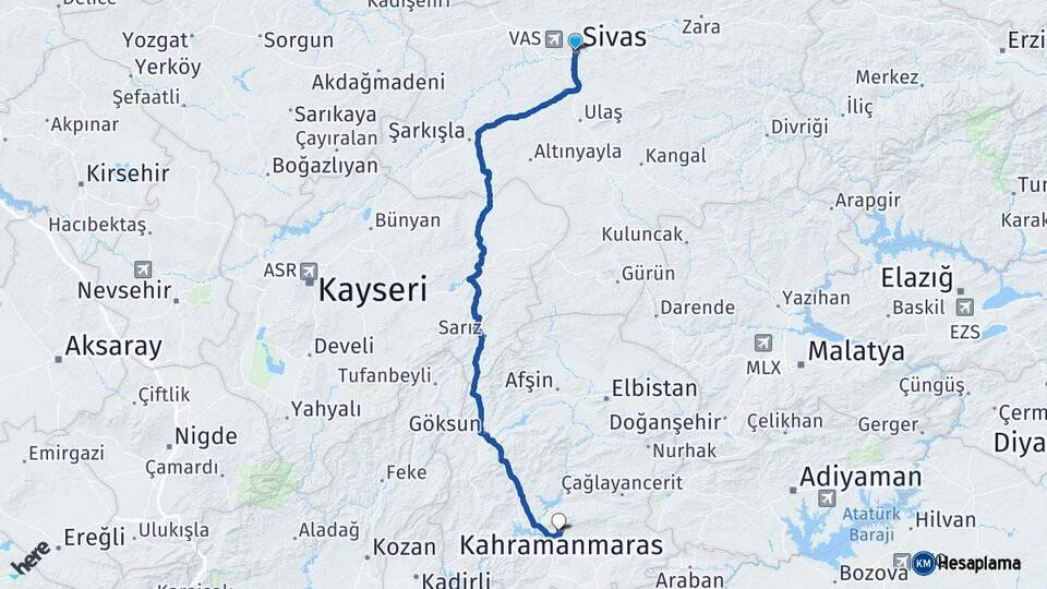 Sivas Onikişubat Kahramanmaraş Arası Kaç Km - Yol Haritası