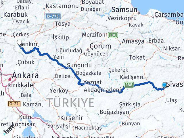Sivas Orta Çankırı Arası Kaç Km - Yol Haritası