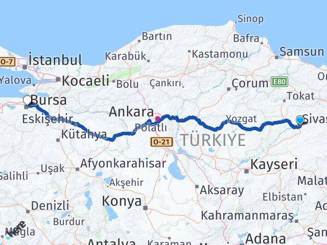Sivas Osmangazi Bursa Arası Kaç Km - Yol Haritası