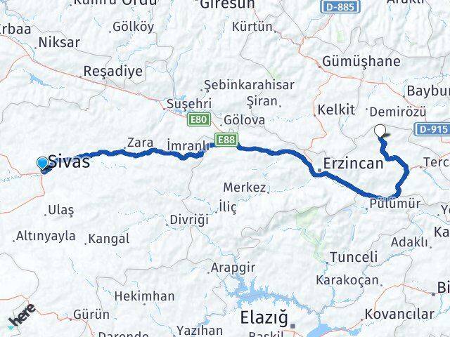 Sivas Otlukbeli Erzincan Arası Kaç Km - Yol Haritası