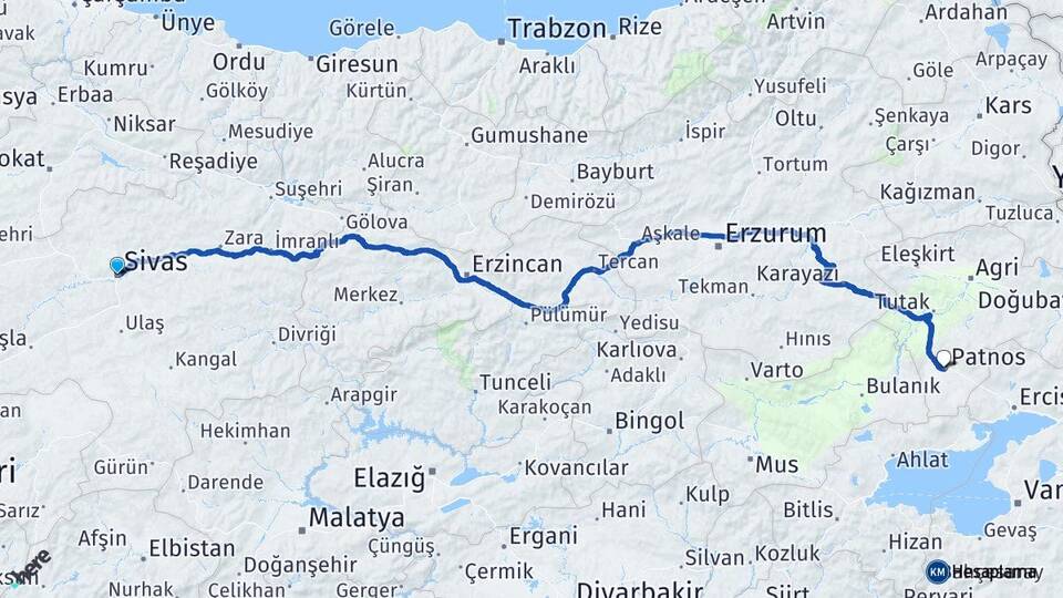 Sivas Patnos Ağrı Arası Kaç Km - Yol Haritası