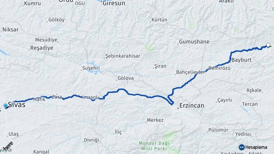 Sivas Pazaryolu Erzurum Arası Kaç Km - Yol Haritası
