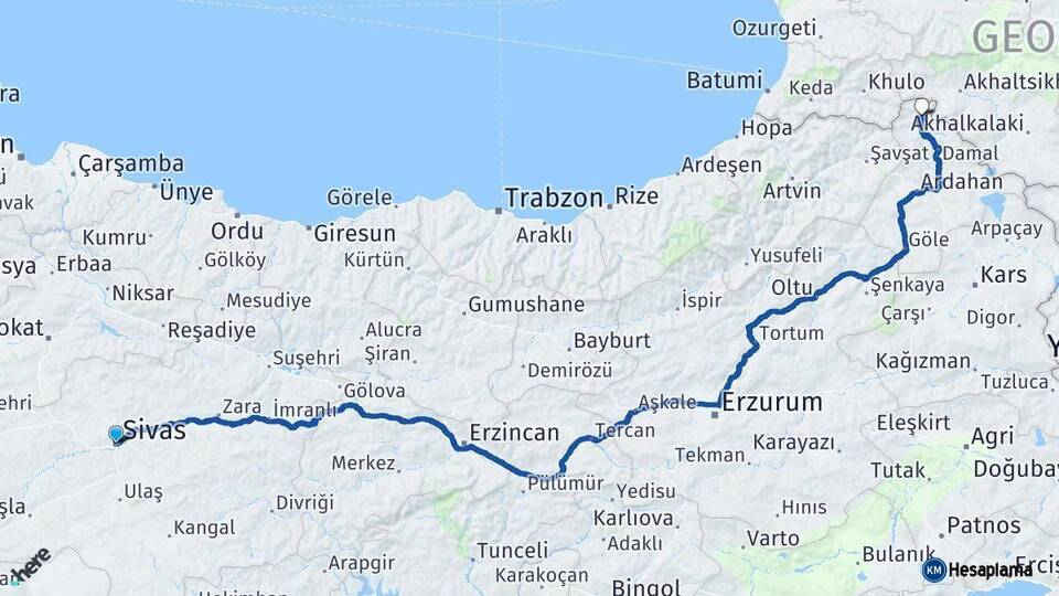 Sivas Posof Ardahan Arası Kaç Km - Yol Haritası