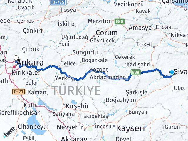 Sivas Pursaklar Ankara Arası Kaç Km - Yol Haritası