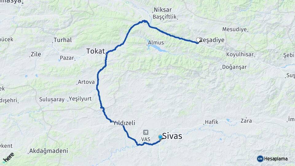 Sivas Reşadiye Tokat Arası Kaç Km - Yol Haritası