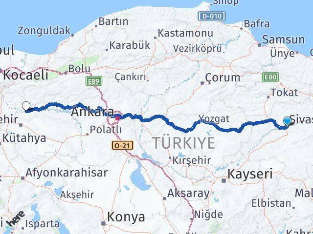 Sivas Sarıcakaya Eskişehir Arası Kaç Km - Yol Haritası