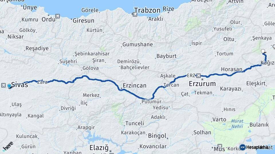 Sivas Sarıkamış Kars Arası Kaç Km - Yol Haritası