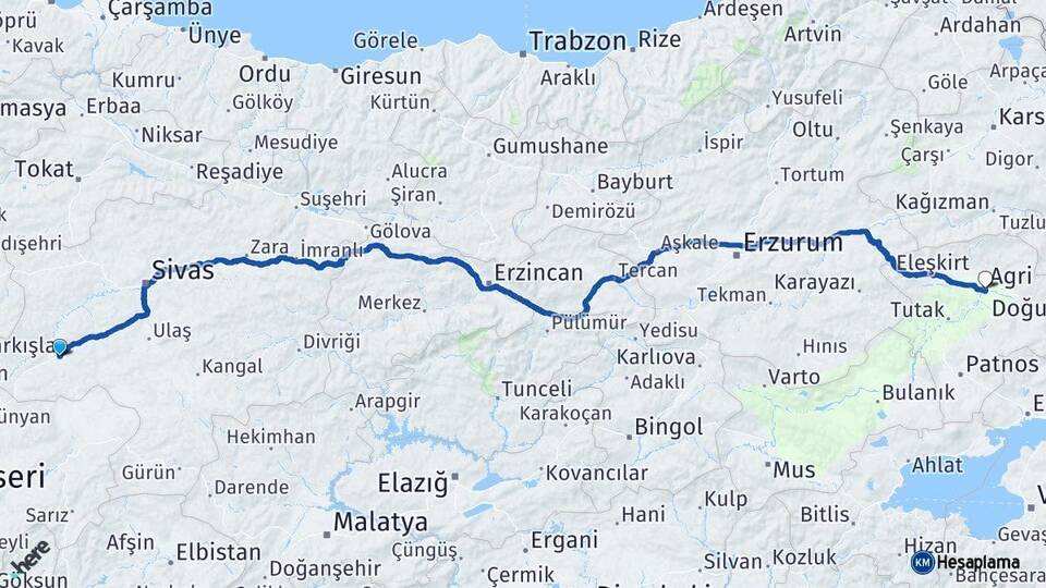 Sivas Şarkışla Ağrı Arası Kaç Km - Yol Haritası