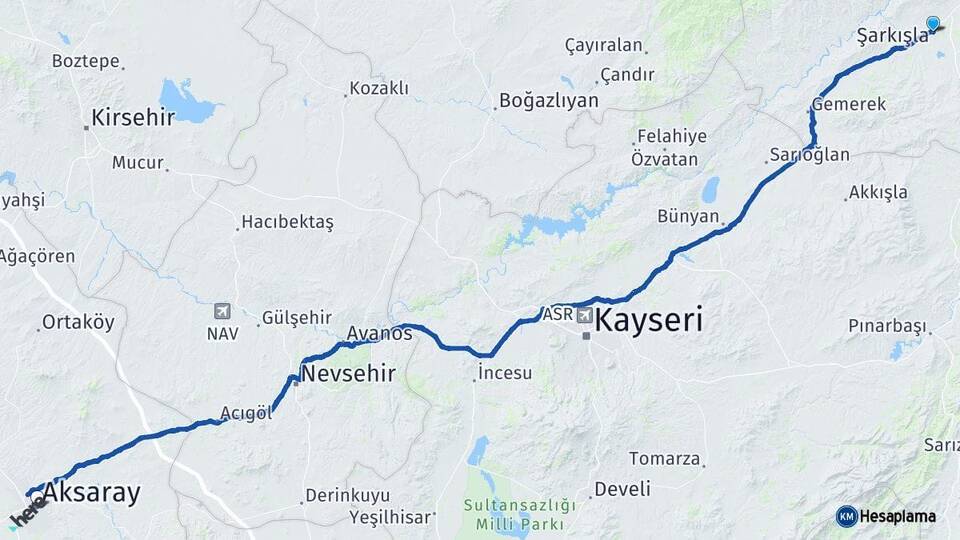 Sivas Şarkışla Aksaray Arası Kaç Km - Yol Haritası