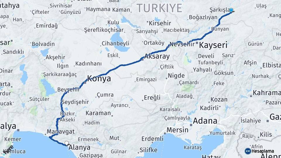 Sivas Şarkışla Alanya Antalya Arası Kaç Km - Yol Haritası
