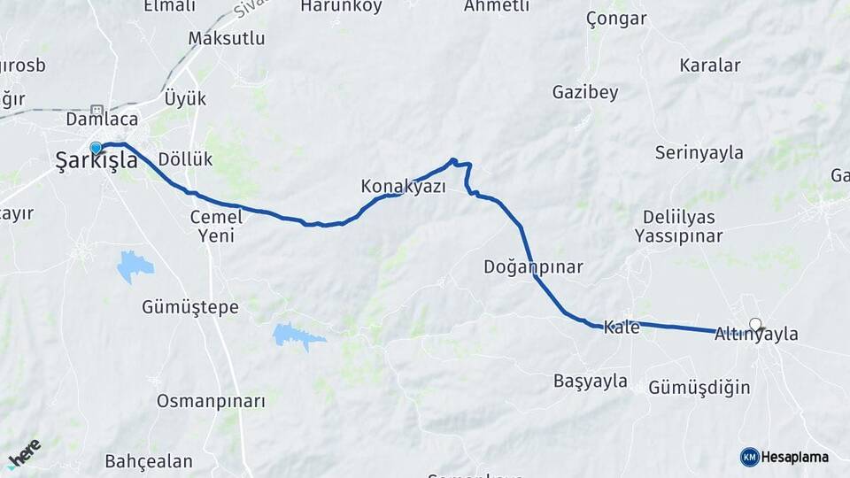 Sivas Şarkışla Altınyayla Arası Kaç Km - Yol Haritası