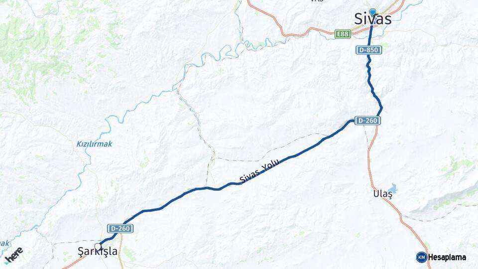 Sivas Şarkışla Arası Kaç Km - Yol Haritası