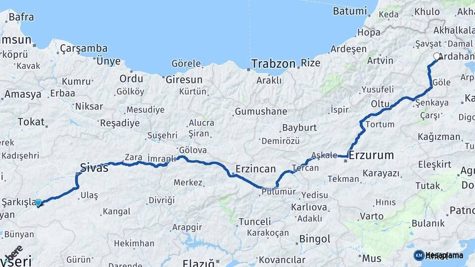 Sivas Şarkışla Ardahan Arası Kaç Km - Yol Haritası