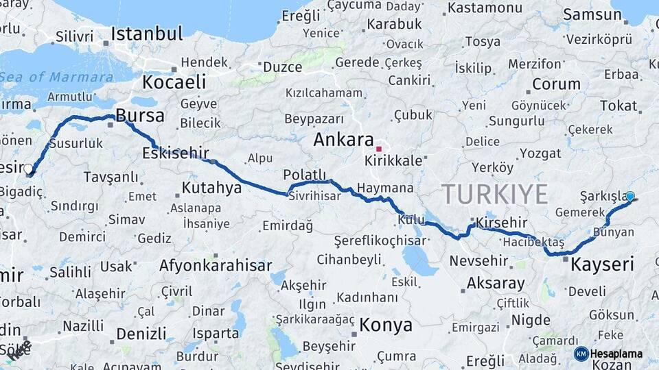 Sivas Şarkışla Balıkesir Arası Kaç Km - Yol Haritası