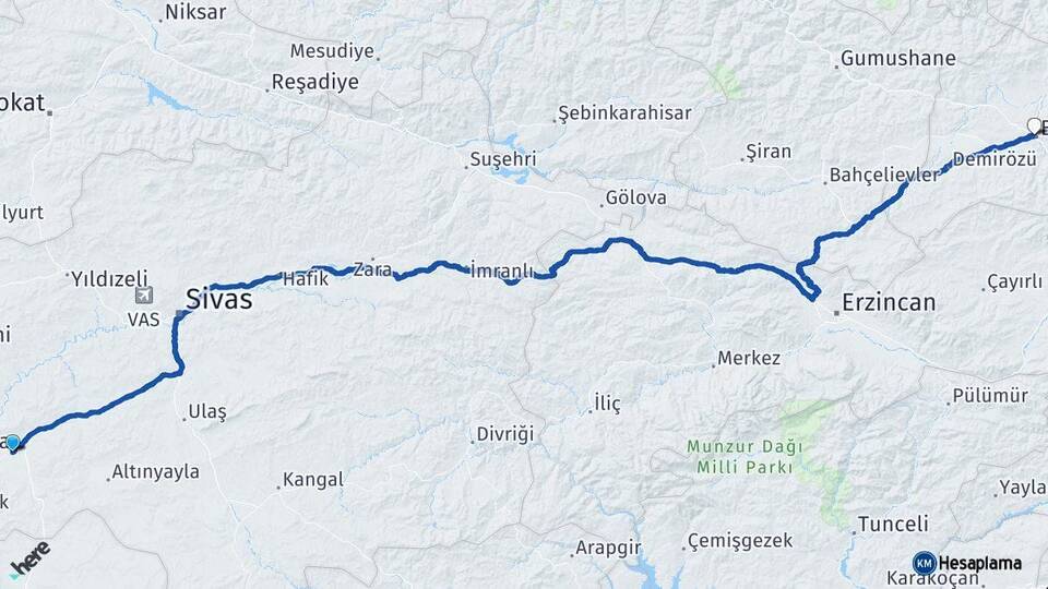 Sivas Şarkışla Bayburt Arası Kaç Km - Yol Haritası