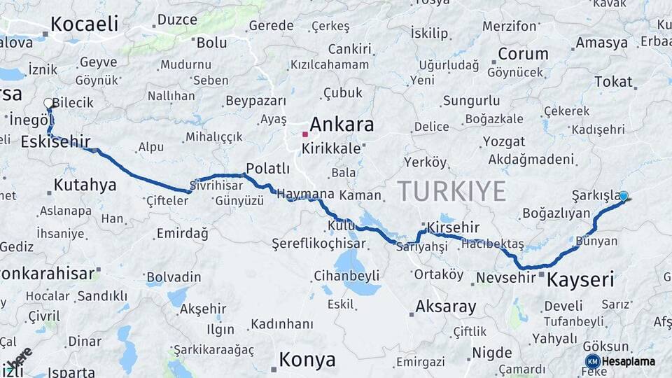 Sivas Şarkışla Bilecik Arası Kaç Km - Yol Haritası